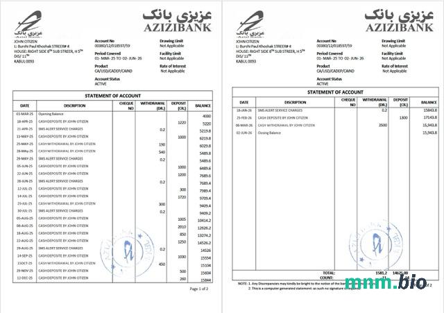 Szablon wyciągu bankowego Afghanistan International Bank (AIB) w formacie Excel i PDF
